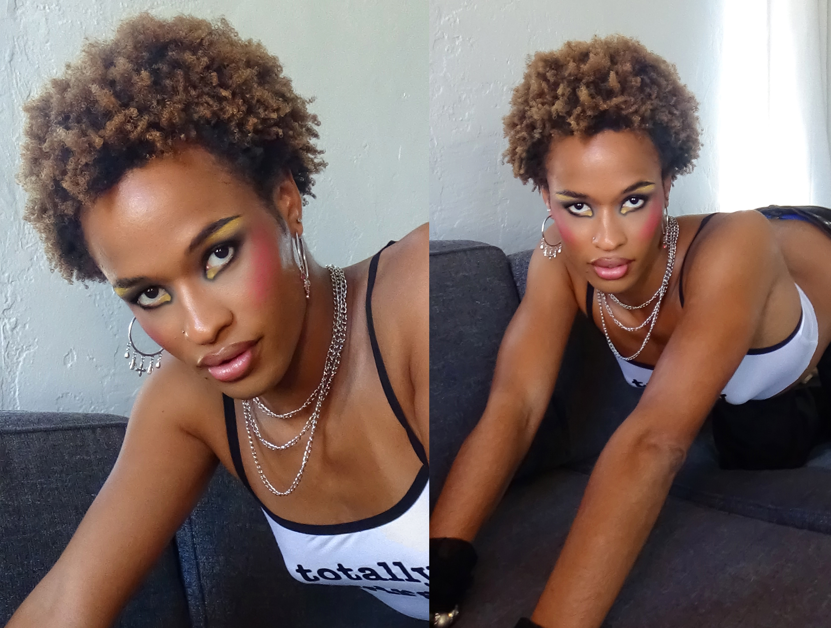 Close up portrait of Jules Crosby with edgy editorial makeup looking at the camera seductively